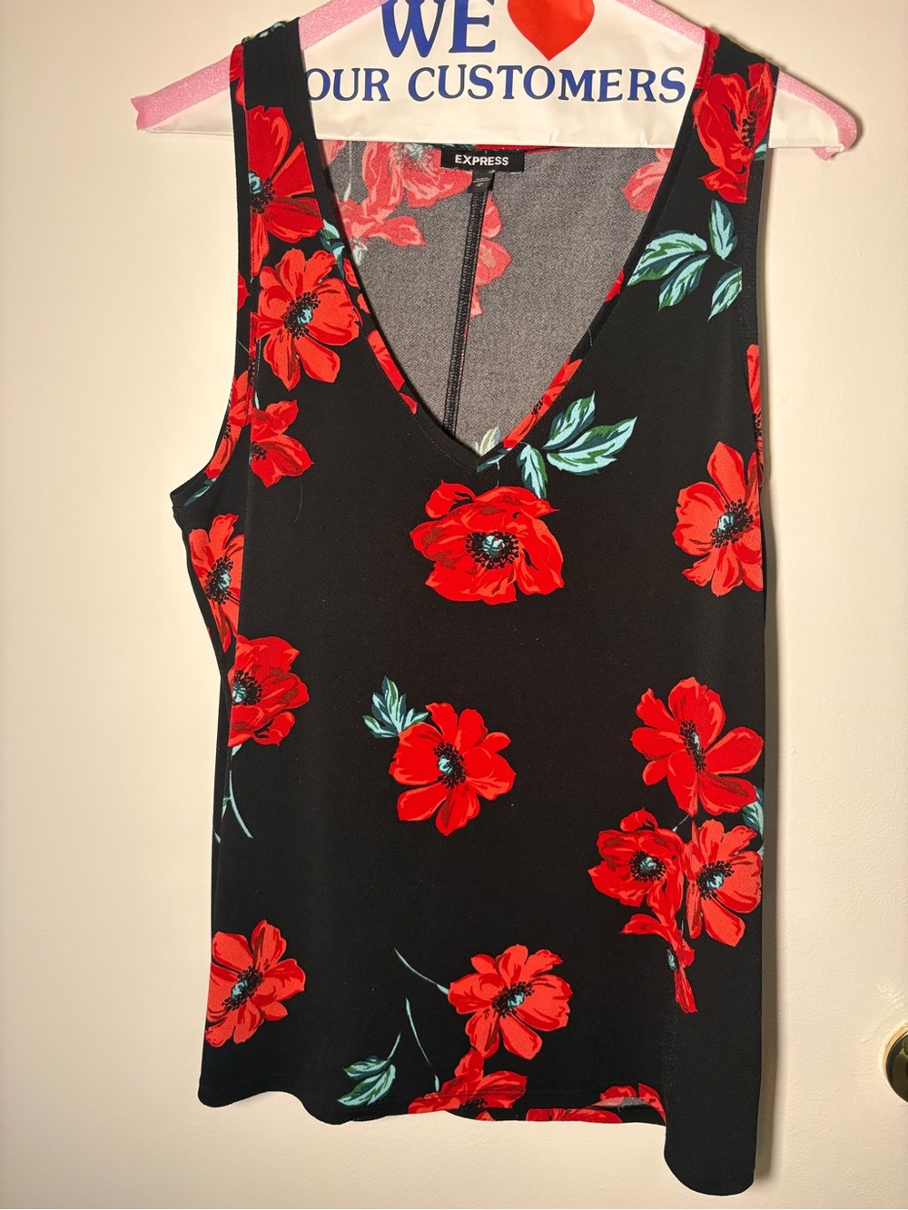 Express Black Tank Top with Red Floral Print